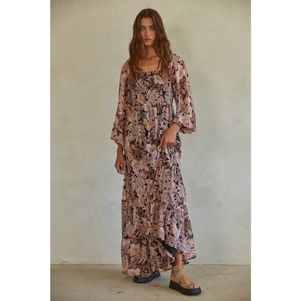 By Together Pink & Black Size Medium Chiffon Floral Maxi Peasant Dress